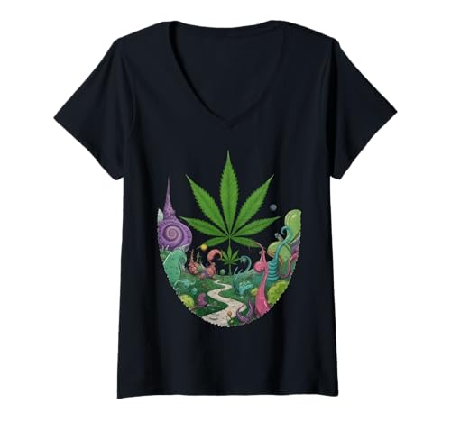 Damen Cannabisblatt in Einer Fantasiewelt 1 - Fan Fun T-Shirt mit V-Ausschnitt von EDDArt