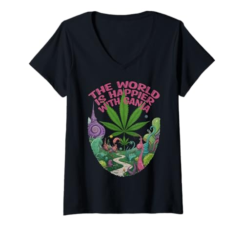 Damen Cannabisblatt in Einer Fantasiewelt Plus Botschaft 1 - Fan Fun T-Shirt mit V-Ausschnitt von EDDArt