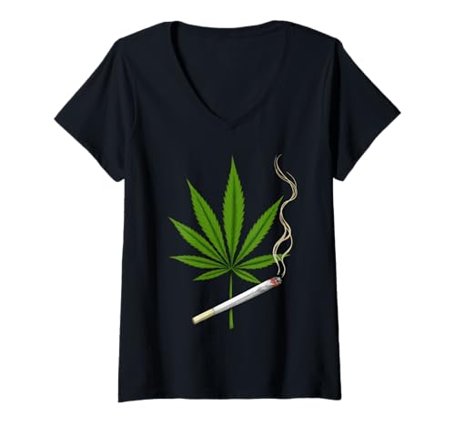 Damen Cannabisblatt mit einem Räuchergelenk 2 - Fan Fun T-Shirt mit V-Ausschnitt von EDDArt