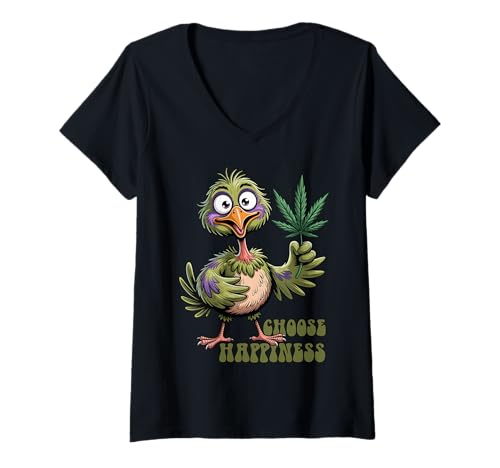 Damen Crazy Comic Bird mit Cannabisblatt - WÄHLE Happiness 1 T-Shirt mit V-Ausschnitt von EDDArt