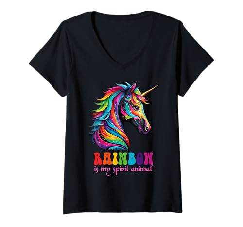 Damen Einhorn Portrait - Regenbogen ist Mein Geisttier 1 - Fan Fun T-Shirt mit V-Ausschnitt von EDDArt