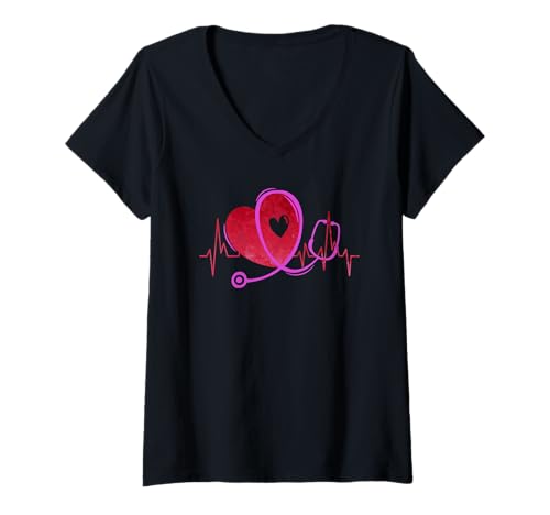 Damen Herzkurve mit medizinischem Stethoskop 3 - Fan Fun T-Shirt mit V-Ausschnitt von EDDArt