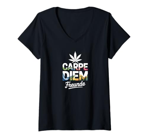Damen Kleines Cannabis Blatt - CARPE DIEM FREUNDE 1 - Fan Fun T-Shirt mit V-Ausschnitt von EDDArt