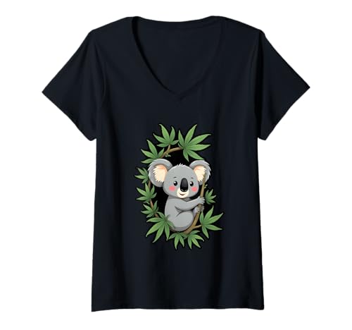Damen Koala sitzt auf einer Cannabisrebe 1 - Fan Fun T-Shirt mit V-Ausschnitt von EDDArt