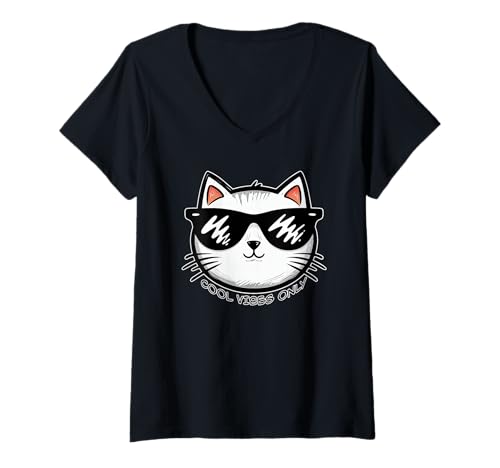 Damen Lustiger weißer Katzenkopf – Cool Vibes Only 1 – Fan Fun T-Shirt mit V-Ausschnitt von EDDArt