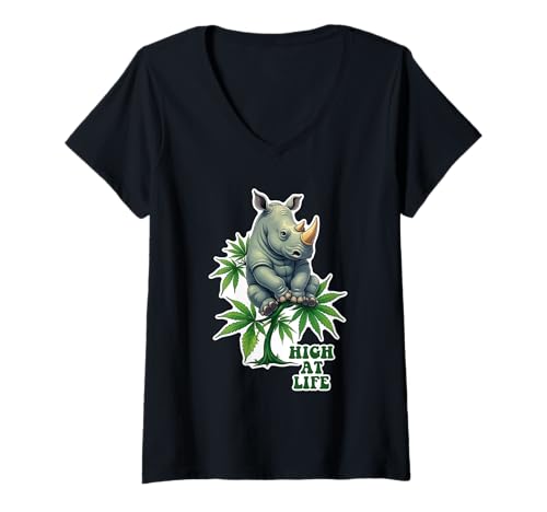 Damen Nashorn sitzt auf einer Cannabisrebe - HIGH AT LIFE 1 - Fan Fun T-Shirt mit V-Ausschnitt von EDDArt