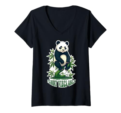 Damen Panda sitzt auf einer Cannabisrebe - Funny Vibes Only 1 - Fan Fun T-Shirt mit V-Ausschnitt von EDDArt