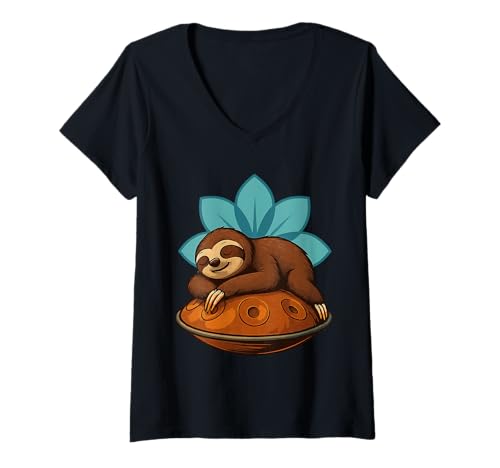 Damen Pantam - Faultier mit Handpfanne und Blume 1 - Fan Fun T-Shirt mit V-Ausschnitt von EDDArt