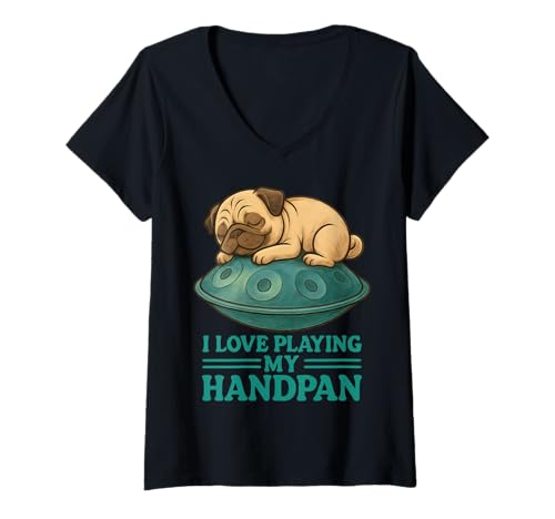 Damen Pantam - Pug with handpan and a Message 1 - Fan Fun T-Shirt mit V-Ausschnitt von EDDArt