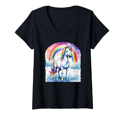 Damen Pride Unicorn – Regenbogen-Aquarell-Stil 2 – Fan Fun T-Shirt mit V-Ausschnitt von EDDArt