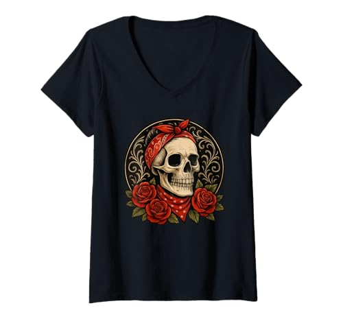 Damen Rockabilly Female Skull - Retro Tattoo with Roses 1 T-Shirt mit V-Ausschnitt von EDDArt
