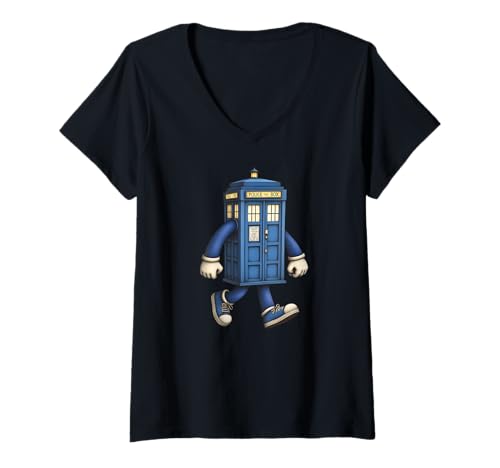 Damen UK Blue Police Call Box als Comic Figur 2 - Fan Fun T-Shirt mit V-Ausschnitt von EDDArt