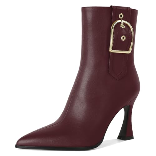 EDEFS 8.5cm High Heels Stiefel Pointed Toe Ankle Stiefel für Frauen Bequeme Winterstiefel mit Absätzen Geeignet für Büro Burgundish EU38 von EDEFS