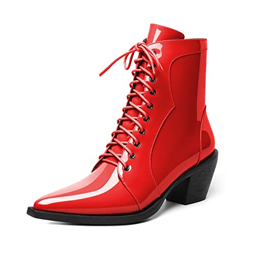 EDEFS Boots Damen Chelsea Ankle Boots Blockabsatz Chunky Reißverschluss Spitze Zehenkappe Winter Damen Stiefel Rosso EU41 von EDEFS