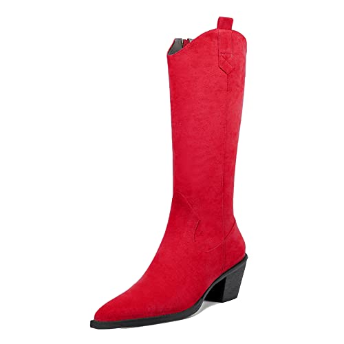 EDEFS Boots Damen Halbhohe Blockabsatz mit Reißverschluss Spitze Zehenkappe Herbst Winter Damen Stiefel Rot EU41 von EDEFS