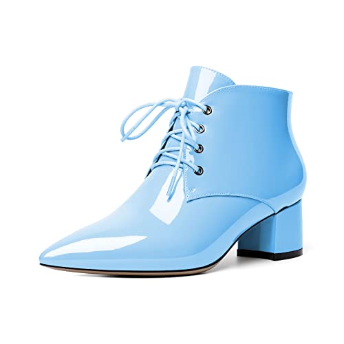 EDEFS Boots Damen Spitze Zehenkappe Blockabsatz Mid Heel Reißverschluss Komfort Winter Schuhe Hellblau EU39 von EDEFS