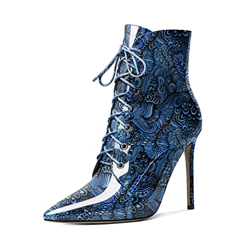 EDEFS Boots Damen Spitze Zehenkappe Stiletto High Heel Schnürsenkel Komfort Herbst Winter Schuhe Blume-Blau EU42 von EDEFS