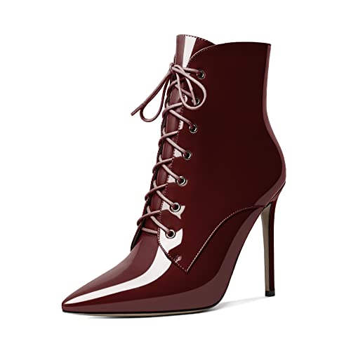 EDEFS Boots Damen Spitze Zehenkappe Stiletto High Heel Schnürsenkel Komfort Herbst Winter Schuhe Burgundisch EU39 von EDEFS