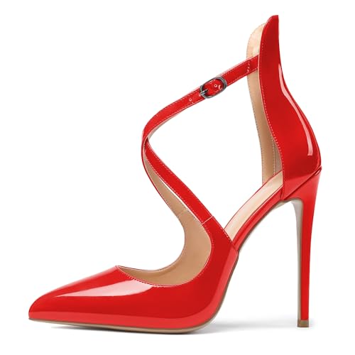 EDEFS Braut Hochzeit Damen Pumps 4.7 Inch Stiletto Heel High Heel Schuhe Pointed Geschlossene Zehe mit Knöchelriemen für Mode Partys Rot EU40 von EDEFS