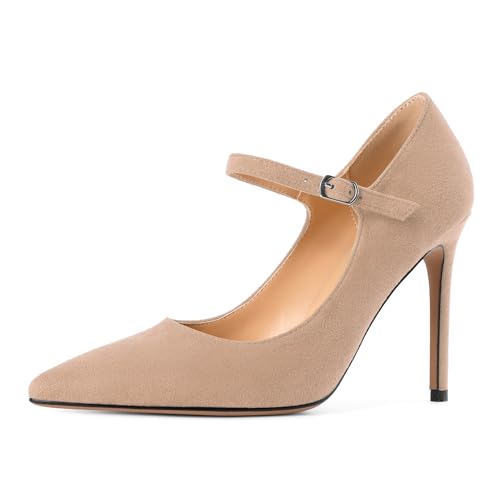 EDEFS Büro zur Party Mary Jane Pumps Damen 4 Zoll High Heel in Wildleder mit Verstärkter Fußgewölbestütze Beige EU38 von EDEFS