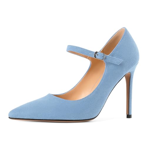 EDEFS Büro zur Party Mary Jane Pumps Damen 4 Zoll High Heel in Wildleder mit Verstärkter Fußgewölbestütze Hellblau EU38 EDEFS Büro zur Party Mary Jane Pumps Damen 4 Zoll High Heel in Wildleder mit Verstärkter Fußgewölbestütze Hellblau EU38 von EDEFS