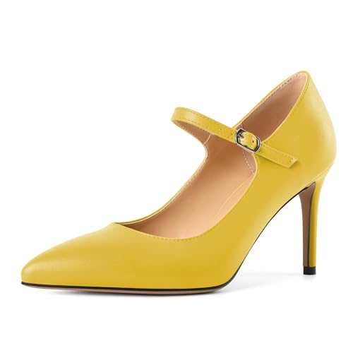 EDEFS Büro zur Party Mary Jane Pumps Damen 8,5 cm Stilettoabsatz & Spitzenschuh in Matt Optik Gelb EU39 von EDEFS
