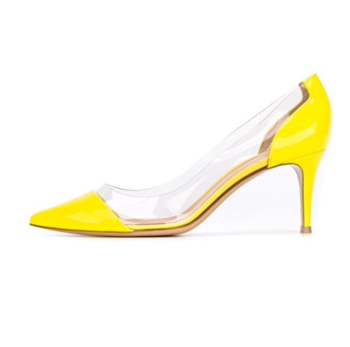 EDEFS Damen 65mm Kitten Heel Transparente Pumps Spitz Kleid-Partei Schuhe Yellow Größe EU37 von EDEFS