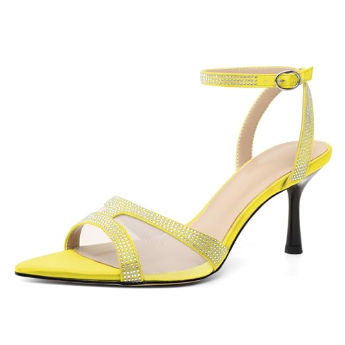 EDEFS Damen 7 cm Stiletto Absatz Sandalen mit Offener Spitze Mesh und Strassstein Knöchelriemen für Sommer Hochzeitsfeier Gelb EU39 EDEFS Damen 7 cm Stiletto Absatz Sandalen mit Offener Spitze Mesh und Strassstein Knöchelriemen für Sommer Hochzeitsfeier Gelb EU39 von EDEFS