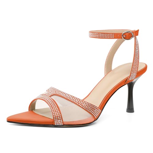 EDEFS Damen 7 cm Stiletto Absatz Sandalen mit Offener Spitze Mesh und Strassstein Knöchelriemen für Sommer Hochzeitsfeier Orange EU39 EDEFS Damen 7 cm Stiletto Absatz Sandalen mit Offener Spitze Mesh und Strassstein Knöchelriemen für Sommer Hochzeitsfeier Orange EU39 von EDEFS