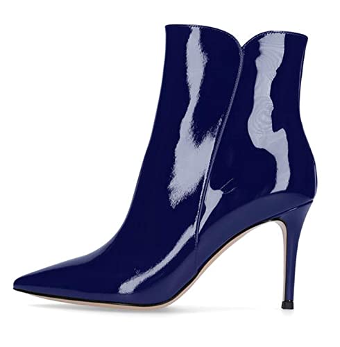 EDEFS Damen 8cm Stiefeletten Spitzschuh Zip-up Stilettos Winter Kurze Stiefel Dunkelblau Größe EU44 von EDEFS
