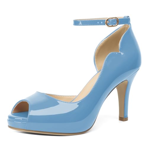 EDEFS Damen 9 cm Stiletto High Heel Sandalen Peep Toe Plateau mit Knöchelriemen für Sommer Casual Party Hochzeit Hellblau EU36 EDEFS Damen 9 cm Stiletto High Heel Sandalen Peep Toe Plateau mit Knöchelriemen für Sommer Casual Party Hochzeit Hellblau EU36 von EDEFS