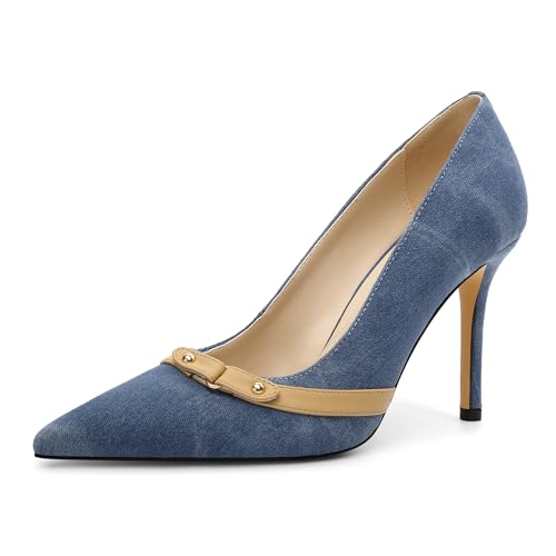 EDEFS Damen 9 cm Stiletto Pumps Lackleder Spitzzehen Schlupf für Elegante Hochzeiten & Festliche Anlässe Denim Blau EU37 von EDEFS