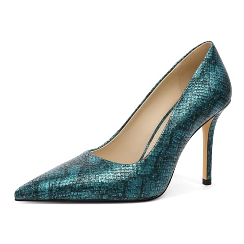 EDEFS Damen 9 cm Stiletto Pumps Lackleder Spitzzehen Schlupf für Elegante Hochzeiten & Festliche Anlässe Schlange Blau EU37 von EDEFS