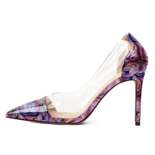 EDEFS Damen Arbeit Pumps Slip On 4 Inch Stiletto Heel Pointed Toe mit Clear PVC Transparent Detailing Sophisticated Wedding Party Fashion Floral Lila EU41 EDEFS Damen Arbeit Pumps Slip On 4 Inch Stiletto Heel Pointed Toe mit Clear PVC Transparent Detailing Sophisticated Wedding Party Fashion Floral Lila EU41 von EDEFS