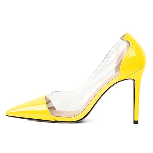 EDEFS Damen Arbeit Pumps Slip On 4 Inch Stiletto Heel Pointed Toe mit Clear PVC Transparent Detailing Sophisticated Wedding Party Fashion Gelb EU41 EDEFS Damen Arbeit Pumps Slip On 4 Inch Stiletto Heel Pointed Toe mit Clear PVC Transparent Detailing Sophisticated Wedding Party Fashion Gelb EU41 von EDEFS