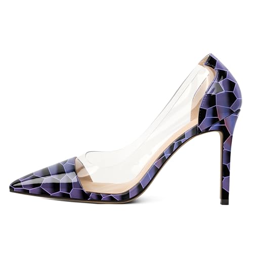 EDEFS Damen Arbeit Pumps Slip On 4 Inch Stiletto Heel Pointed Toe mit Clear PVC Transparent Detailing Sophisticated Wedding Party Fashion Glänzend Violett EU41 EDEFS Damen Arbeit Pumps Slip On 4 Inch Stiletto Heel Pointed Toe mit Clear PVC Transparent Detailing Sophisticated Wedding Party Fashion Glänzend Violett EU41 von EDEFS