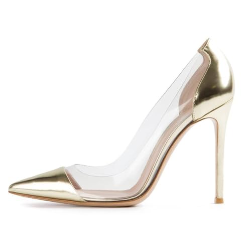 EDEFS Damen Arbeit Pumps Slip On 4 Inch Stiletto Heel Pointed Toe mit Clear PVC Transparent Detailing Sophisticated Wedding Party Fashion Gold EU41 EDEFS Damen Arbeit Pumps Slip On 4 Inch Stiletto Heel Pointed Toe mit Clear PVC Transparent Detailing Sophisticated Wedding Party Fashion Gold EU41 von EDEFS