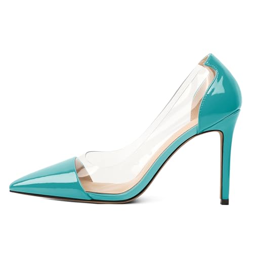 EDEFS Damen Arbeit Pumps Slip On 4 Inch Stiletto Heel Pointed Toe mit Clear PVC Transparent Detailing Sophisticated Wedding Party Fashion Türkis EU41 EDEFS Damen Arbeit Pumps Slip On 4 Inch Stiletto Heel Pointed Toe mit Clear PVC Transparent Detailing Sophisticated Wedding Party Fashion Türkis EU41 von EDEFS