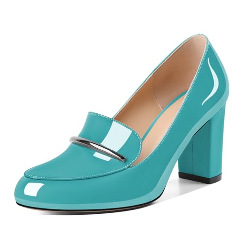 EDEFS Damen Arbeits Chic Dicker Absatz Loafer 8,5 cm Dickabsatz Schlupf Pumps Rundspitze Patentleder Elegante Übergang zu Hochzeit Party Türkis EU39 EDEFS Damen Arbeits Chic Dicker Absatz Loafer 8,5 cm Dickabsatz Schlupf Pumps Rundspitze Patentleder Elegante Übergang zu Hochzeit Party Türkis EU39 von EDEFS
