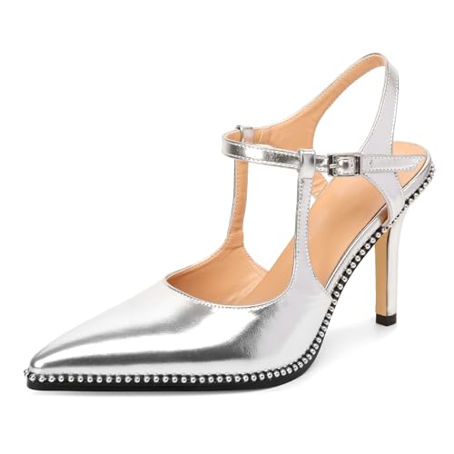 EDEFS Damen Arbeits Chic Stiletto Absatz Pumps 9 cm Hoher Absatz Slingback Perlen T-Riemen & Spitzzahn Patentleder für Hochzeit Party Mattesilber EU37 von EDEFS
