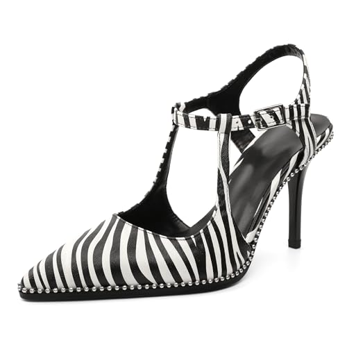 EDEFS Damen Arbeits Chic Stiletto Absatz Pumps 9 cm Hoher Absatz Slingback Perlen T-Riemen & Spitzzahn Patentleder für Hochzeit Party Zebra EU37 von EDEFS
