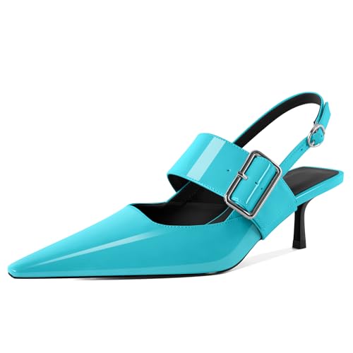 EDEFS Damen Architektonische Spitzzahn Pumps Slingback mit 2 Zoll Kätzchenabsatz & Mary Jane Hochzeits Styling & Arbeits Selbstbewusstsein Türkis EU40 von EDEFS