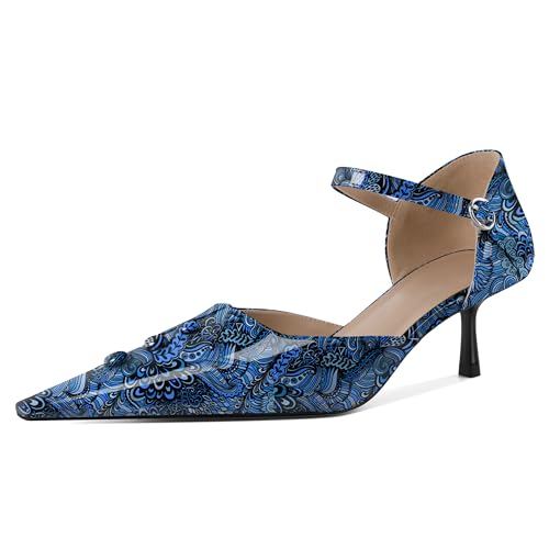 EDEFS Damen Architektonisches Spitzzahn Design 5 cm Niedrigabsatz Mary Jane Pumps Dreifach Schnallen Knöchelriemen System Blume Blau EU37 von EDEFS