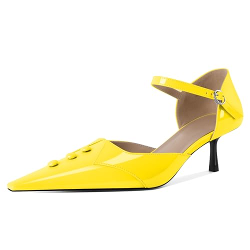EDEFS Damen Architektonisches Spitzzahn Design 5 cm Niedrigabsatz Mary Jane Pumps Dreifach Schnallen Knöchelriemen System Gelb EU37 von EDEFS