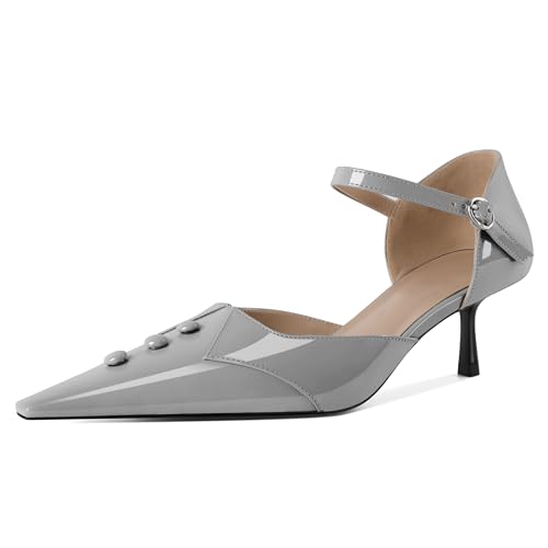 EDEFS Damen Architektonisches Spitzzahn Design 5 cm Niedrigabsatz Mary Jane Pumps Dreifach Schnallen Knöchelriemen System Grau EU37 von EDEFS