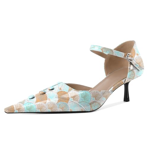 EDEFS Damen Architektonisches Spitzzahn Design 5 cm Niedrigabsatz Mary Jane Pumps Dreifach Schnallen Knöchelriemen System Jakobsmuscheln Gelb EU37 von EDEFS