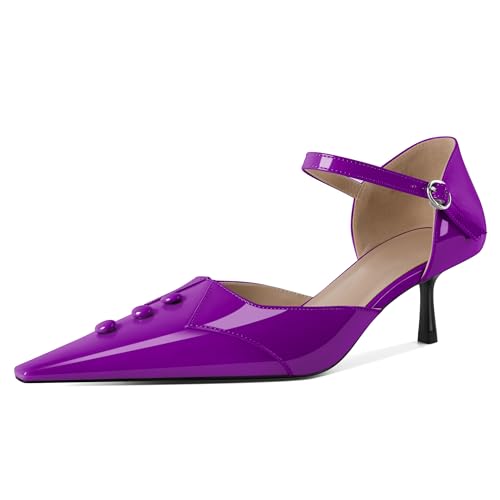 EDEFS Damen Architektonisches Spitzzahn Design 5 cm Niedrigabsatz Mary Jane Pumps Dreifach Schnallen Knöchelriemen System Lila EU37 von EDEFS