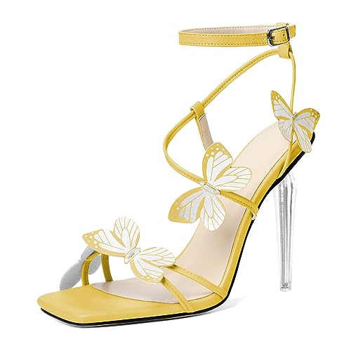 EDEFS Damen Braut Schmetterling Sandalen 10 cm Stiletto Hängelufer mit Knöchelriemen Matt/Glänzende Quadratspitze Kontraste Gelb EU41 von EDEFS