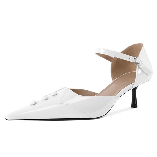 EDEFS Damen Dreifach Schnallen Detail Pumps Mary Jane Kätzchenabsatz 5 cm Niedrigabsatz Spitzer Zeh mit Spiegelglanz Optik Weiß EU35 EDEFS Damen Dreifach Schnallen Detail Pumps Mary Jane Kätzchenabsatz 5 cm Niedrigabsatz Spitzer Zeh mit Spiegelglanz Optik Weiß EU35 von EDEFS