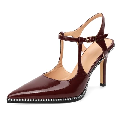 EDEFS Damen Einfach zuziehende Stiletto Absatz Slingback 9 cm Hoher Absatz Pumps Perlen T-Riemen & Spitzzahn Patentleder Elegant für Hochzeit Party Arbeit Burgunderrot mit Falten EU40 von EDEFS